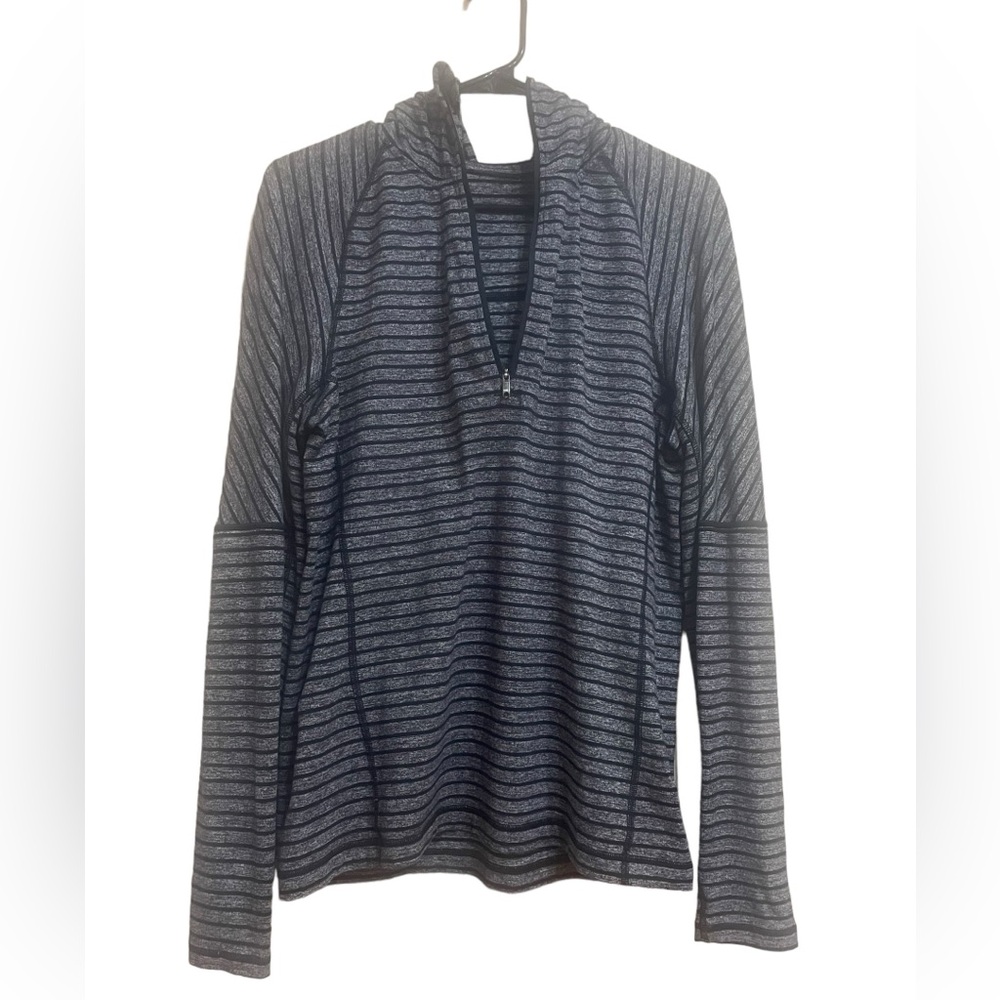 Lululemon Mens Athletica Hooded Sweatshirt Heather Grey and Black Striped Sm/Med